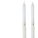 wedding ritual candles with engraved initials in gold and floral detail, lace decoration