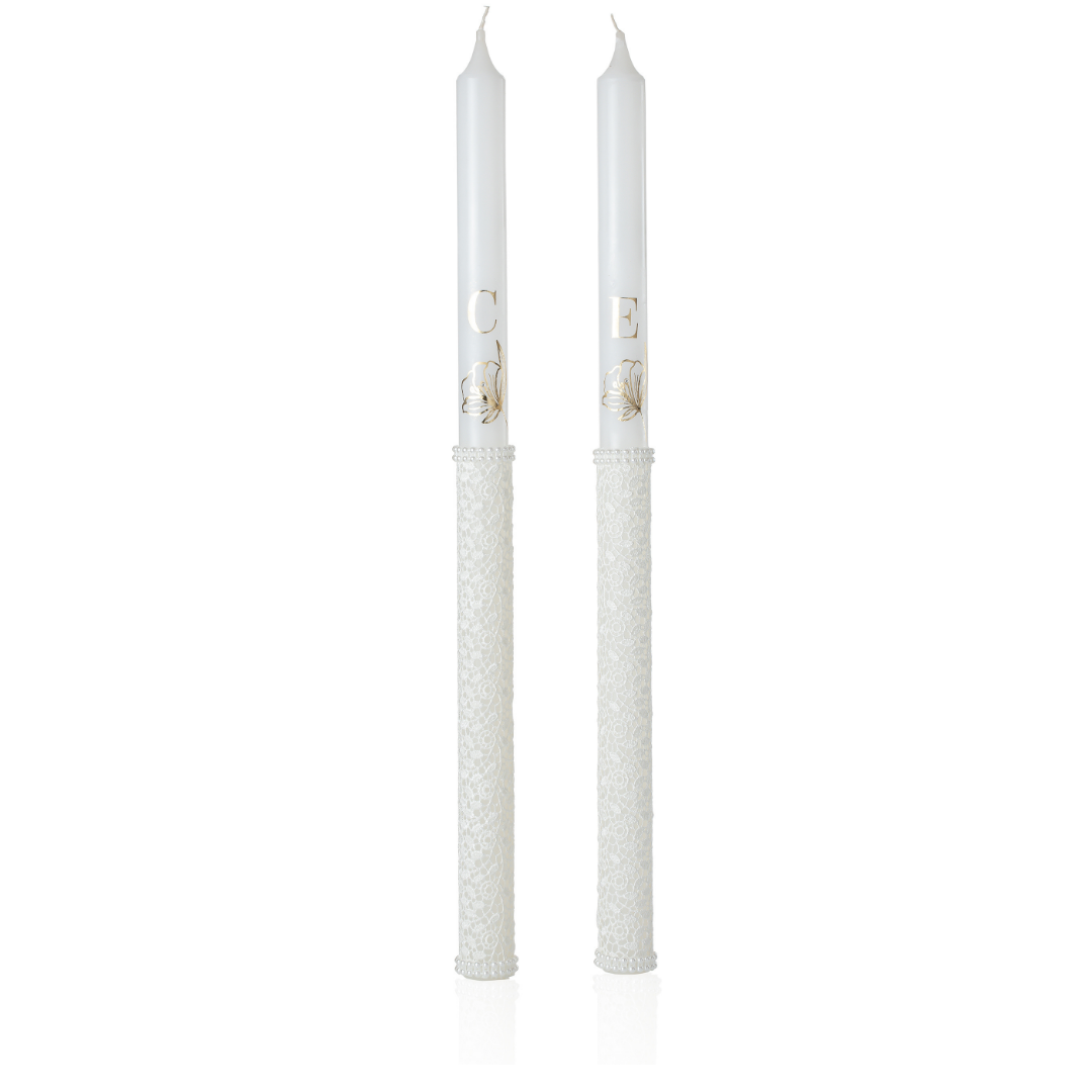 wedding candles ecru lace and gold