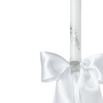 Handcrafted white wedding ritual candles with satin bows and crystal detail connected with ribbon for church ceremony